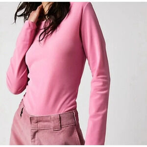 Free People Size Large Hot Pink Velour Semi Sheer Long Sleeve Top Lightweight